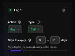 Nyria mobile strategy-creation screen at step 2, with buy call settings, days-to-expiry range, strike selection, and delta input.