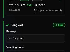 Nyria mobile interface showing Long entry and Long exit alerts with resulting SPY call trade cards and a Deploy a bot button.