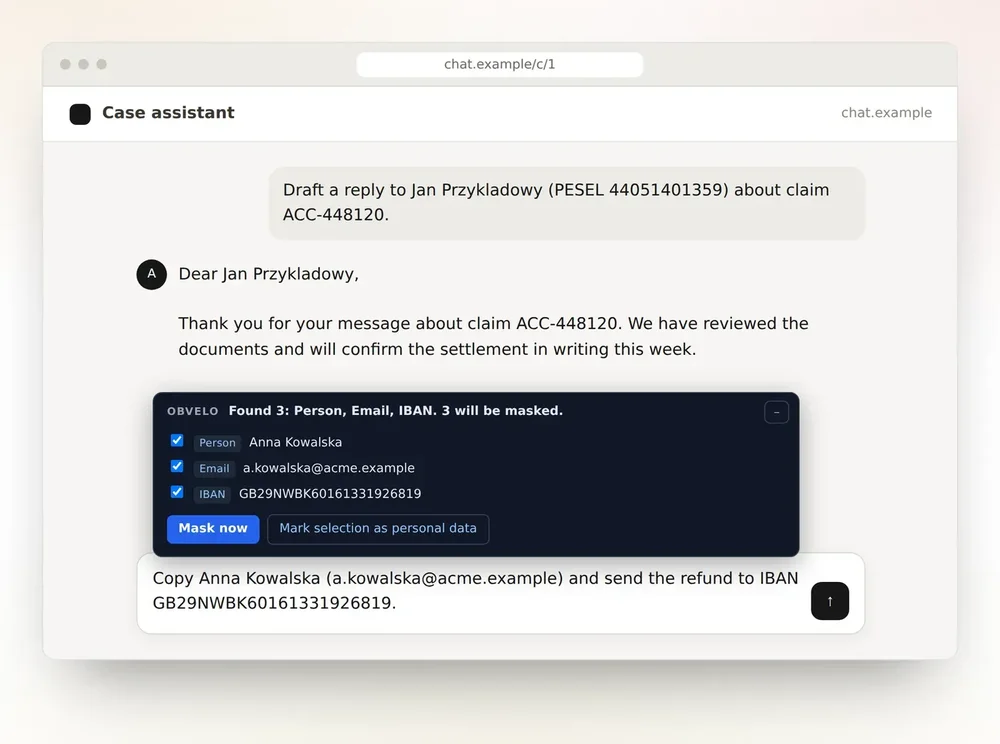 Mock browser-based case assistant showing an Obvelo panel that detects a person, email address, and IBAN and offers a “Mask now” action.