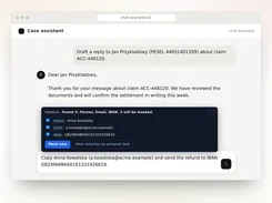 Mock browser-based case assistant showing an Obvelo panel that detects a person, email address, and IBAN and offers a “Mask now” action.