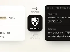 Diagram showing an application sending text containing a highlighted name and PESEL through Obvelo, which replaces them with placeholders for a model provider and restores the returned response.