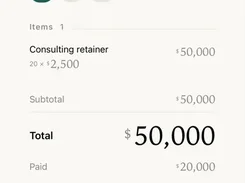 Mobile invoice-detail screen for Deccan Works showing a $50,000 consulting retainer, payment status, total, and outstanding balance.