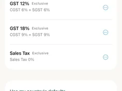 Mobile Tax classes settings screen listing GST 12%, GST 18%, and Sales Tax options.