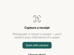 Mobile Scan receipt screen with options to scan using the camera or choose a photo.