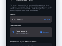 Pair a car's Bluetooth or an OBD dongle so trips log to the right vehicle