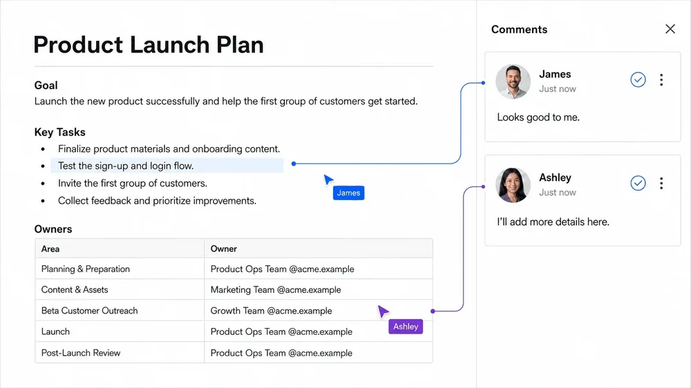 Product Launch Plan document with highlighted text and table cells connected to two comment cards in a Comments panel.