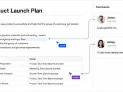 Product Launch Plan document with highlighted text and table cells connected to two comment cards in a Comments panel.