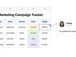 Spreadsheet titled Q3 Marketing Campaign Tracker with campaign rows, statuses, budgets, and a comment attached to a selected budget cell.