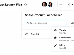 Share dialog for a Product Launch Plan with an add-people field, Copy link action, and Viewer, Commenter, and Editor permission options.
