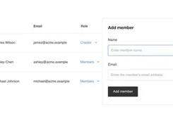 Member-management screen listing three example members, email addresses, roles, and an Add member form.