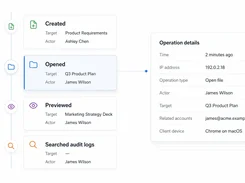 Audit-log timeline showing created, opened, previewed, and searched events alongside an operation-details panel.