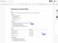 Document editor showing a Product Launch Plan with formatting toolbar, collaborative cursors, comments panel, and Share button.