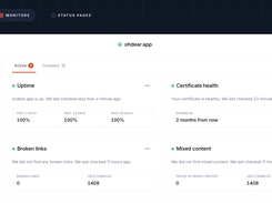 Oh Dear presents uptime, certificate health, broken links, mixed content and other website-health checks in one monitor overview.