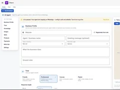 Ohanvi WhatsApp AI Agent configuration screen with business profile fields, tone options, and an agent testing panel.