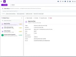 Ohanvi chatbot flows page showing a flow list, AI flow-creation prompt, and details for a basic bot flow.