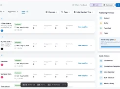 All Channels publishing list showing sent social posts, post status, dates, engagement columns, and publishing overview.