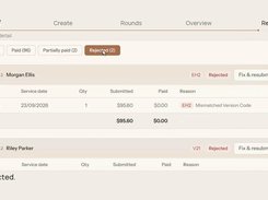 OHIPay remittance page showing tabs for all, paid, partially paid, and rejected claims, with rejected remittance entries, service details, payment amounts, rejection reasons, and “Fix & resubmit” buttons.