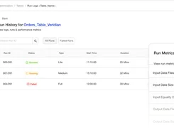 OLake web application Run History page for an Orders_Table_Veridian table, showing run statuses and a Run Metrics side panel.