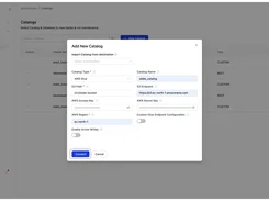 OLake Catalogs page with an Add New Catalog dialog for an AWS Glue catalog, including S3 path, endpoint, region, and masked access-key fields.