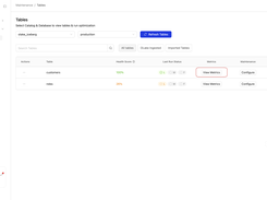 OLake Maintenance Tables page listing customers and roles tables with health scores, run statuses, metrics buttons, configuration controls, and enabled toggles.