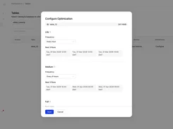 OLake Configure Optimization dialog for table_13, showing Lite and Medium schedules, run times, and Save and Cancel buttons.