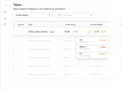 OLake Optimisation Tables page showing a table list, health scores, storage-size reductions, and a run-status tooltip.