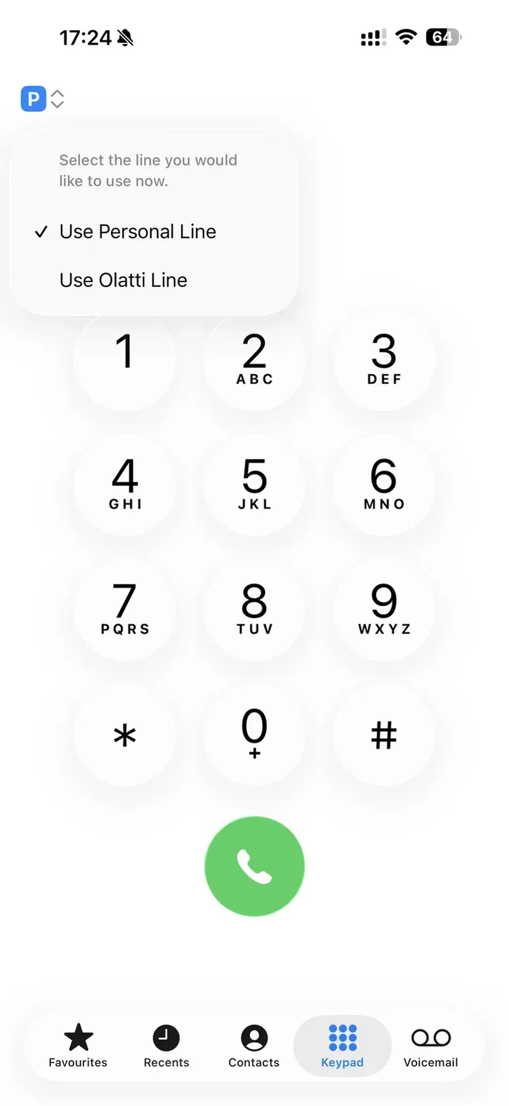 iPhone Phone keypad with a menu offering “Use Personal Line” and “Use Olatti Line.”
