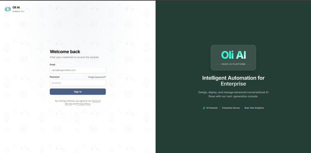 Oli AI Enterprise Voice AI Console