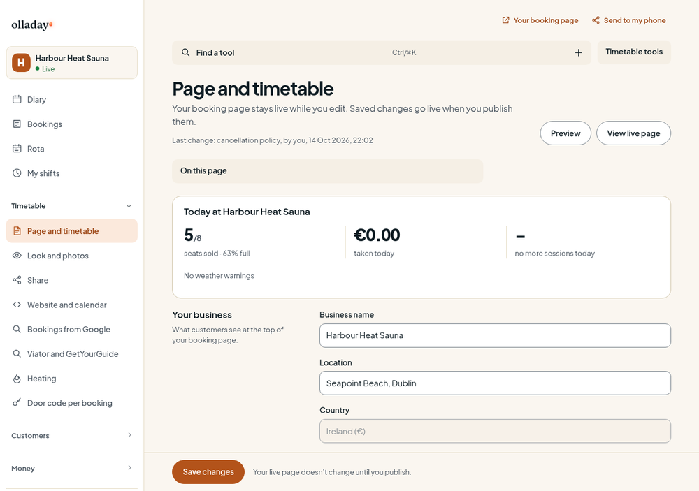 Olladay web dashboard on the Page and timetable screen for Harbour Heat Sauna, showing navigation, daily booking statistics, and editable business-name and location fields.