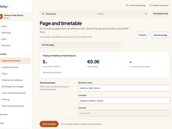 Olladay web dashboard on the Page and timetable screen for Harbour Heat Sauna, showing navigation, daily booking statistics, and editable business-name and location fields.