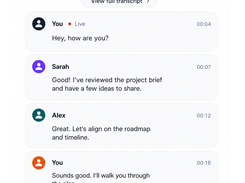 OLVA live-call transcript with speaker entries, AI coach actions, and question input.