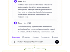 OLVA transcript, meeting-memory search, and contextual Q&A screens.