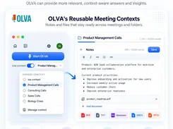 OLVA reusable meeting-context interface with notes, document attachment, and context selection.