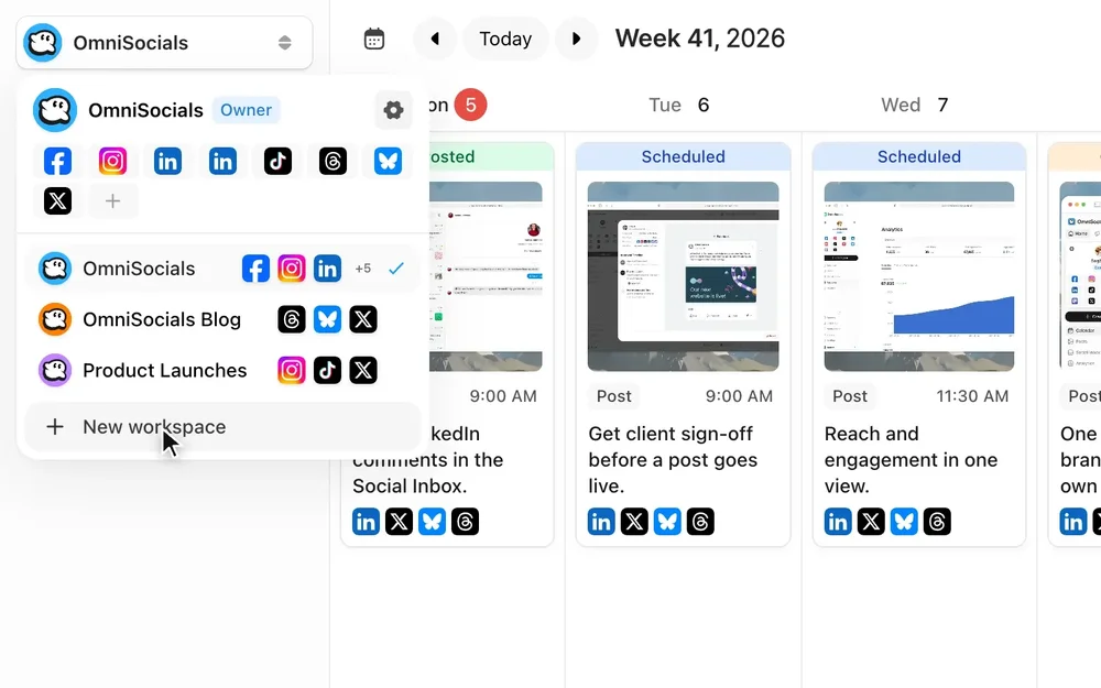 An OmniSocials workspace switcher lists OmniSocials, OmniSocials Blog, and Product Launches above a weekly content calendar.