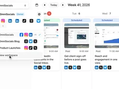 An OmniSocials workspace switcher lists OmniSocials, OmniSocials Blog, and Product Launches above a weekly content calendar.
