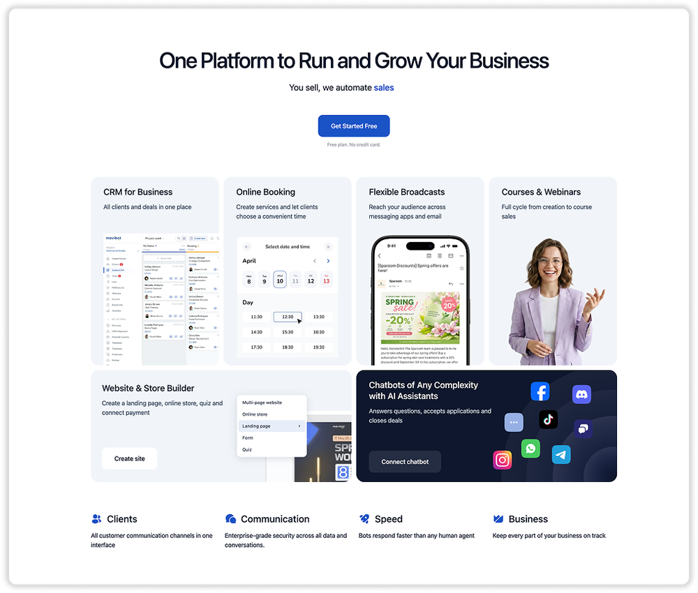 Mavibot dashboard overview: CRM, online booking, bulk broadcasts, courses and webinars, and a no-code website and store builder, all connected to a multichannel chatbot in one platform.