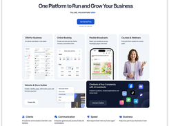 Mavibot dashboard overview: CRM, online booking, bulk broadcasts, courses and webinars, and a no-code website and store builder, all connected to a multichannel chatbot in one platform.