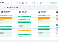 Mavibot booking calendar: view and manage all client appointments in one place, with staff schedules, time slots, and booking statuses organized by day.