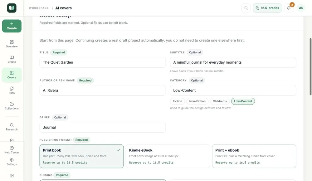 OneKDP AI Covers book-setup form showing title, subtitle, author, category, genre, and publishing-format options.