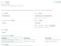 OneKDP AI Covers book-setup form showing title, subtitle, author, category, genre, and publishing-format options.