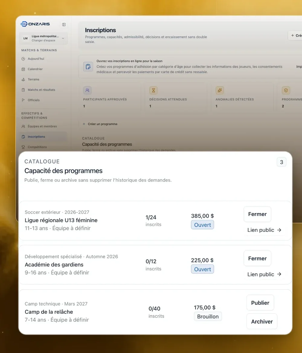 Onzaris registration dashboard in French with a program-capacity catalogue showing enrollment counts, fees, and program publication status.