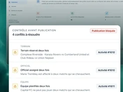 Onzaris calendar dashboard in French with a modal listing four publication-blocking conflicts for fields, officials, teams, and a closure.