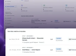 Onzaris match and results dashboard in French with a modal listing scheduled games, scores, venues, and certification statuses.