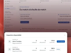 Onzaris officials dashboard in French with a capacity and availability modal listing named officials, assignments, distances, and confirmed payment amounts.