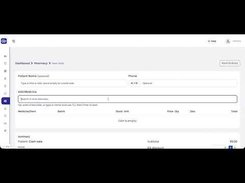 OPDly pharmacy billing screen with fields for patient name and phone number, medicine search, an empty item table, and a billing summary.