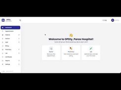 OPDly web dashboard with a left navigation sidebar and welcome panel for Paras Hospital, including cards for doctor management, pharmacy, and lab invoicing.