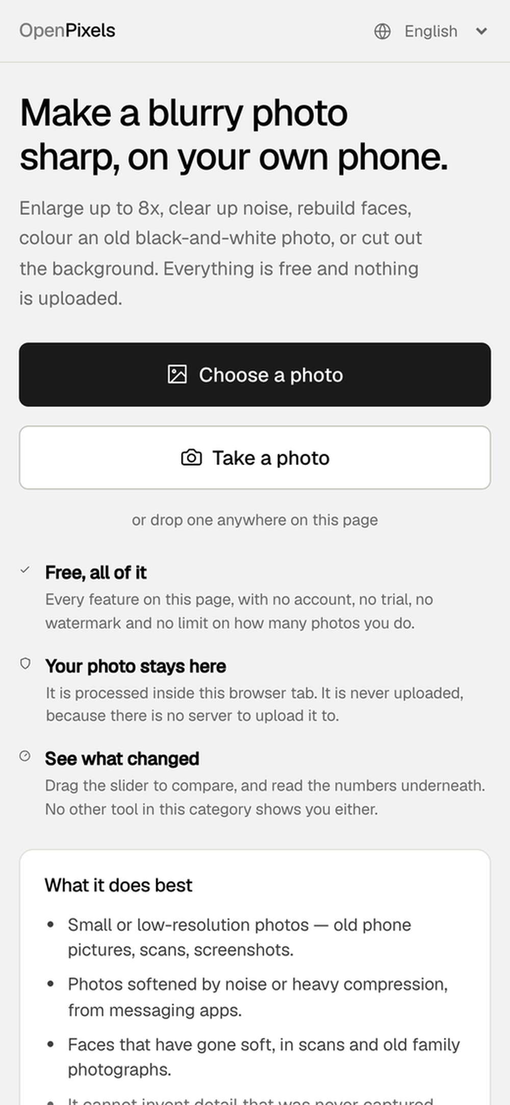 OpenPixels mobile home screen with the heading “Make a blurry photo sharp, on your own phone,” photo-selection buttons, and feature descriptions.