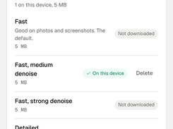 OpenPixels Downloads screen listing locally available and downloadable processing models, including denoise, detailed, drawings and anime, and face restoration options.