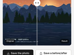 OpenPixels mobile page showing a draggable before-and-after comparison of a blurry mountain landscape and a sharpened result, with save buttons and a panel stating “3.7x sharper.”