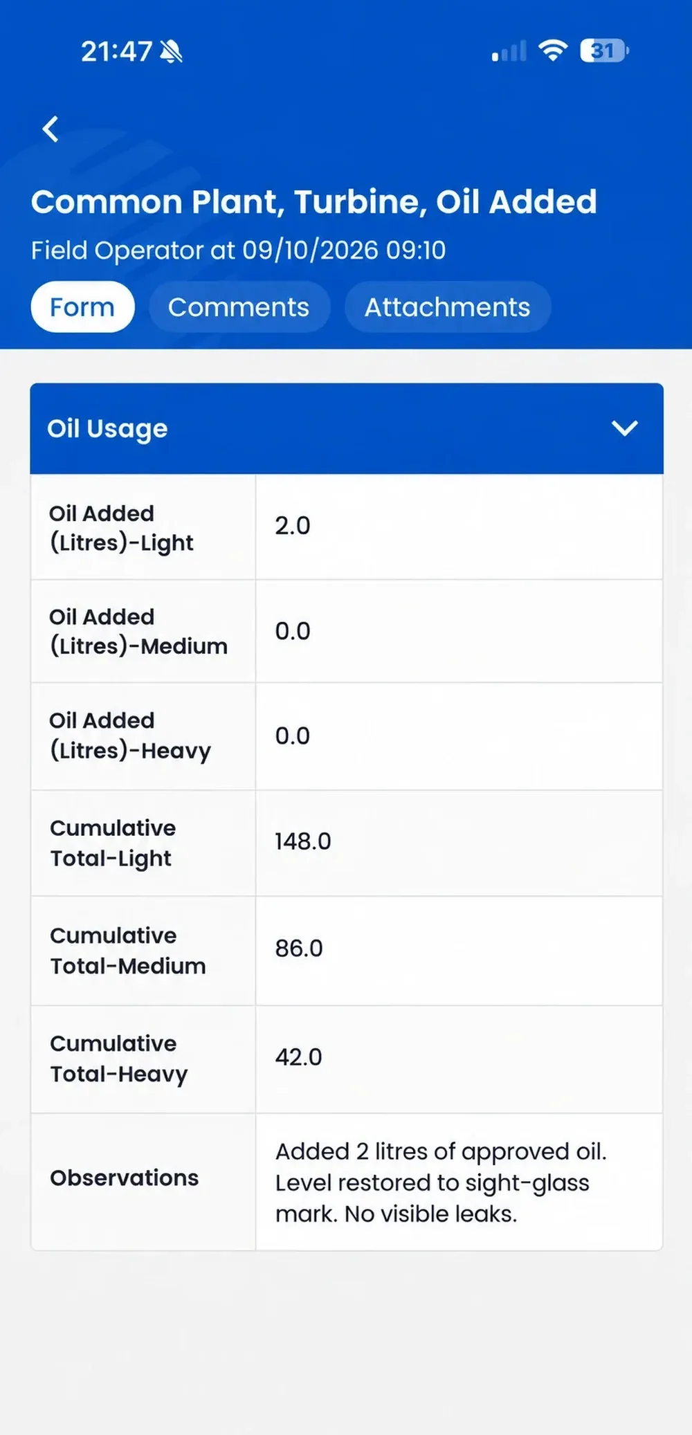 Mobilog mobile form for an oil-added record, with oil quantities, cumulative totals, and an observation note.